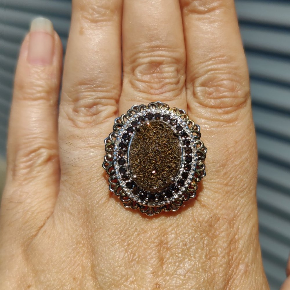 BRONZE DRUSY AND SMOKEY QUARTZ WITH DIAMONDS RING